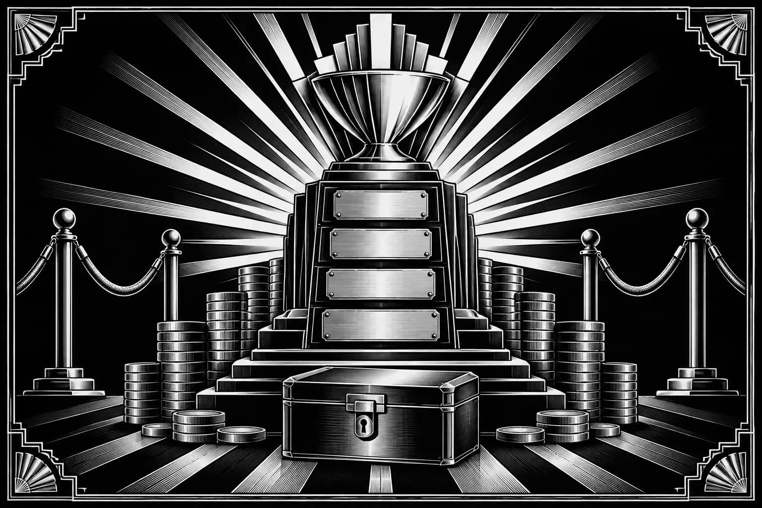 Art Deco trophy pedestal stacked with blank plaques and coins under sharp sunburst rays