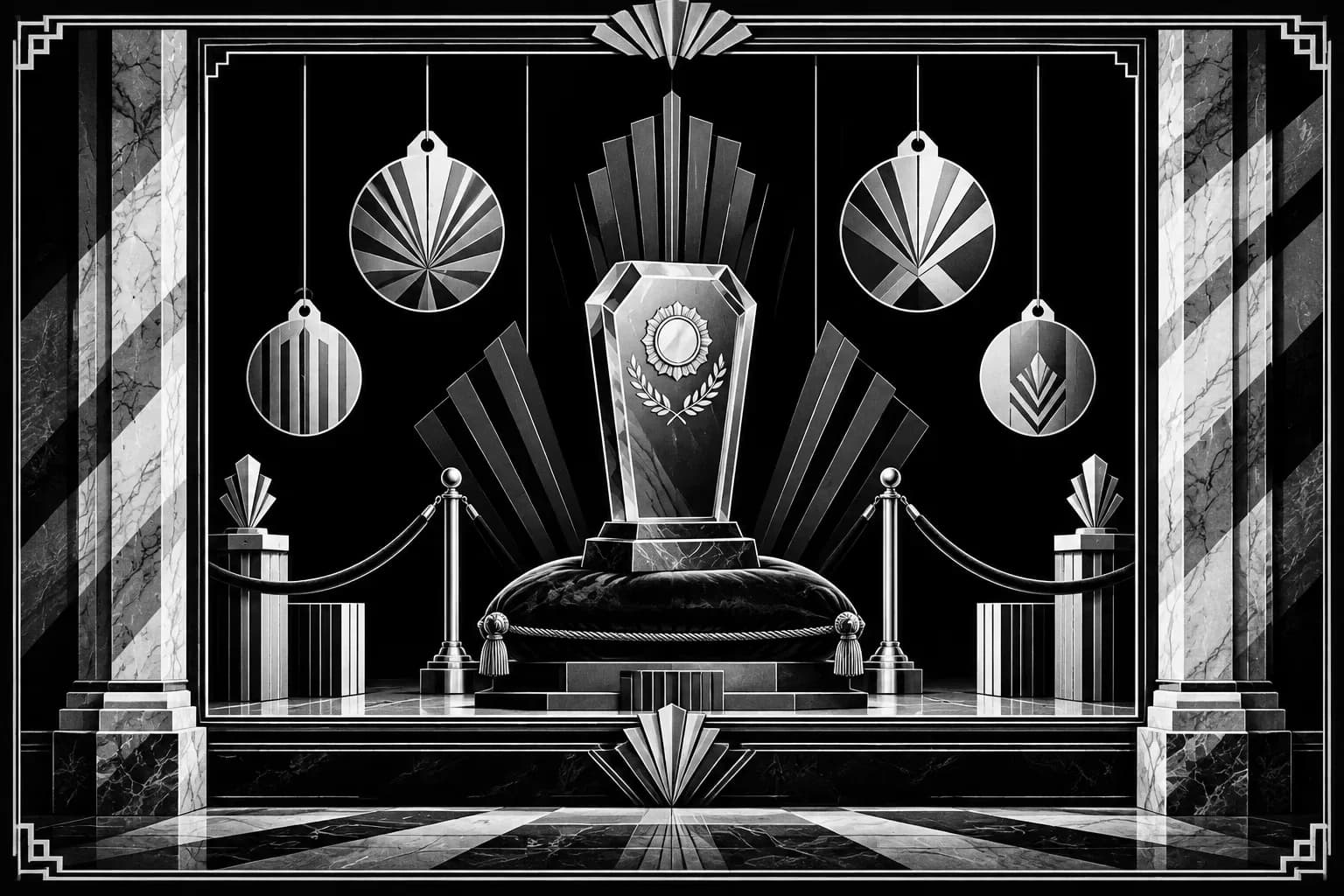 Art Deco shop window showing a lone plaque amid geometric price medallions