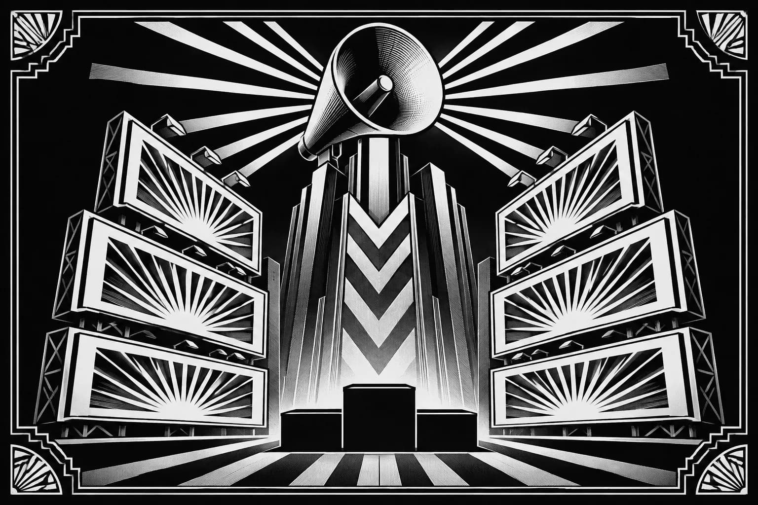 Geometric megaphone and billboards tilting toward an empty Art Deco podium