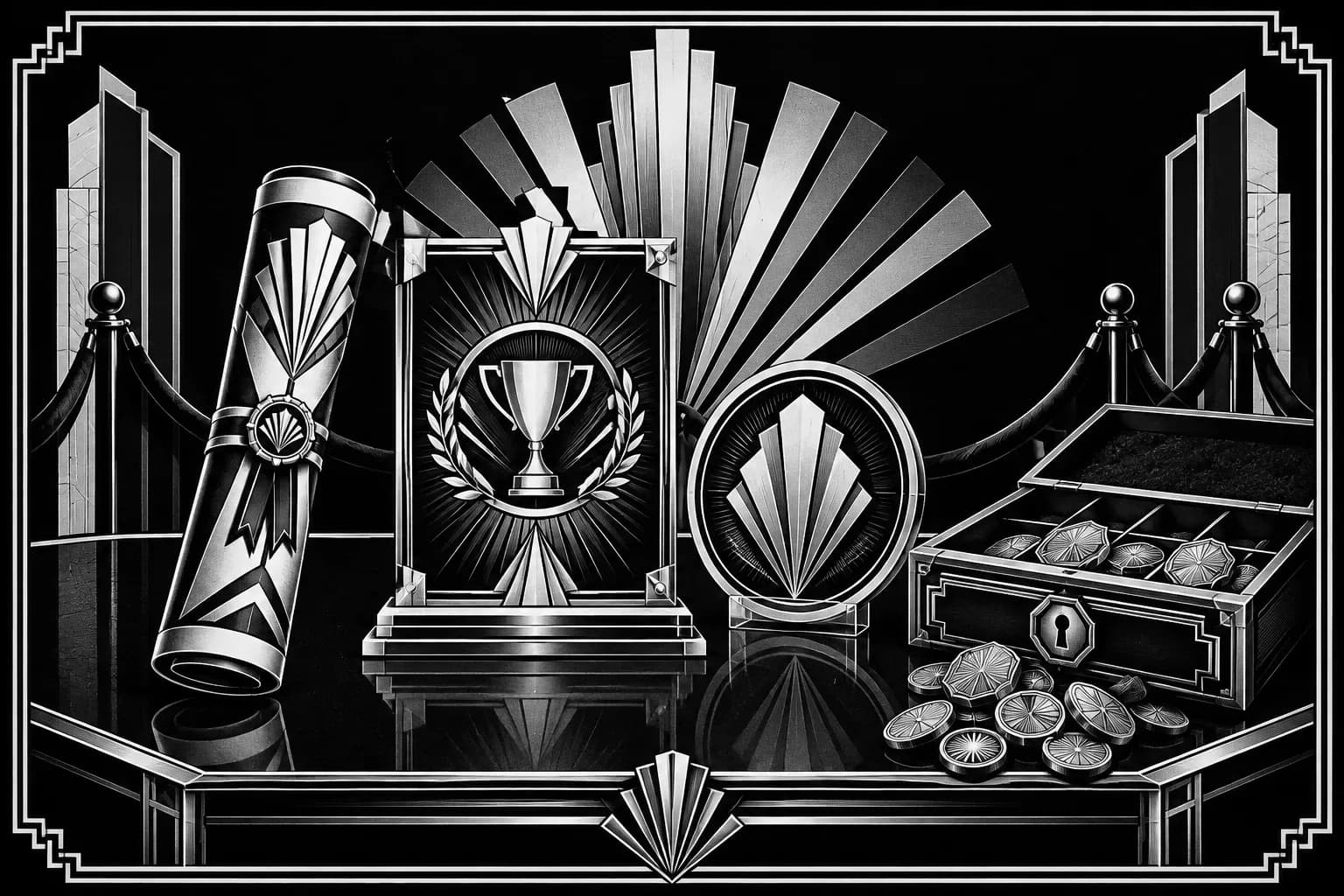 Award plaque, banner, and cling beside an open cash drawer on a lacquered counter