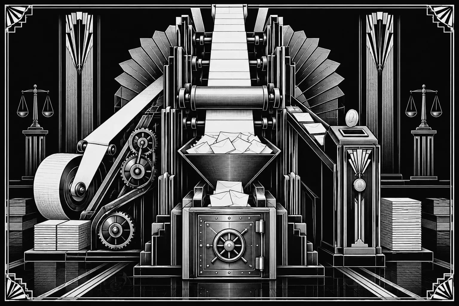 Art Deco press and ballot machine feeding blank slips into a vault safe