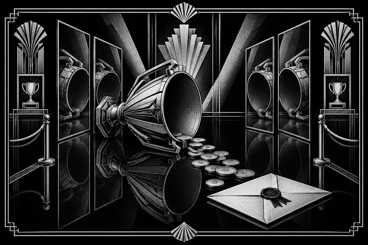 Overturned hollow award cup spilling coins toward a sealed envelope