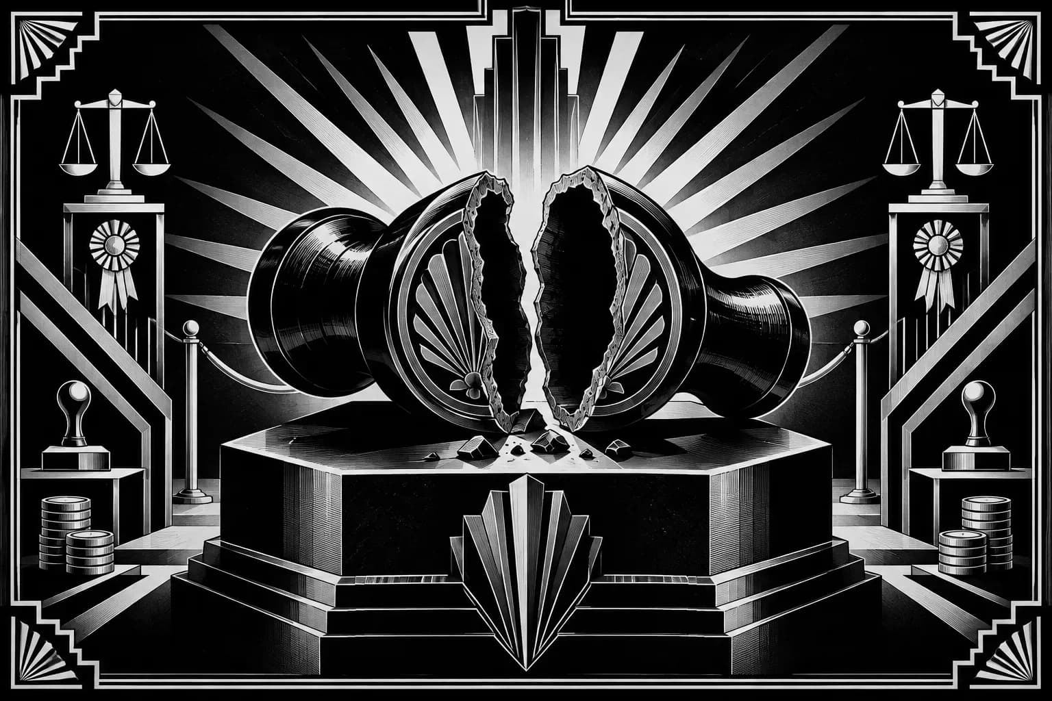 Cracked lacquered seal on a geometric pedestal under Art Deco sunburst rays