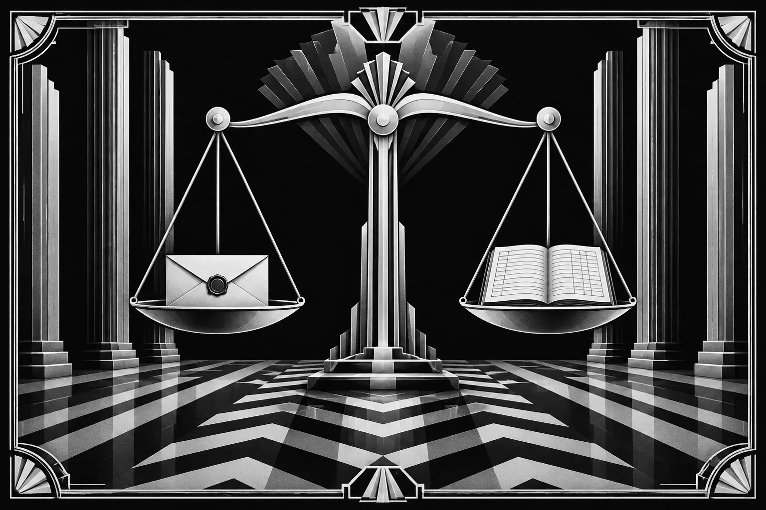Balanced scales holding a sealed envelope and open ledger under an arch