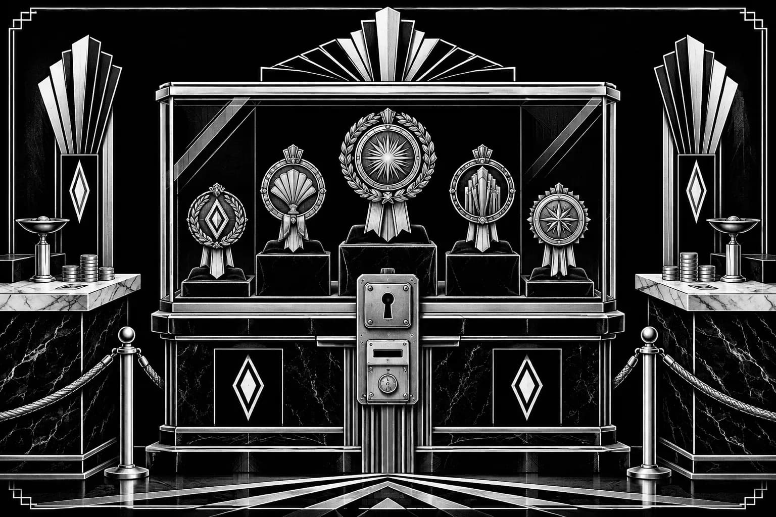 Ornate medallions locked in a glass case with a heavy latch and coin slot