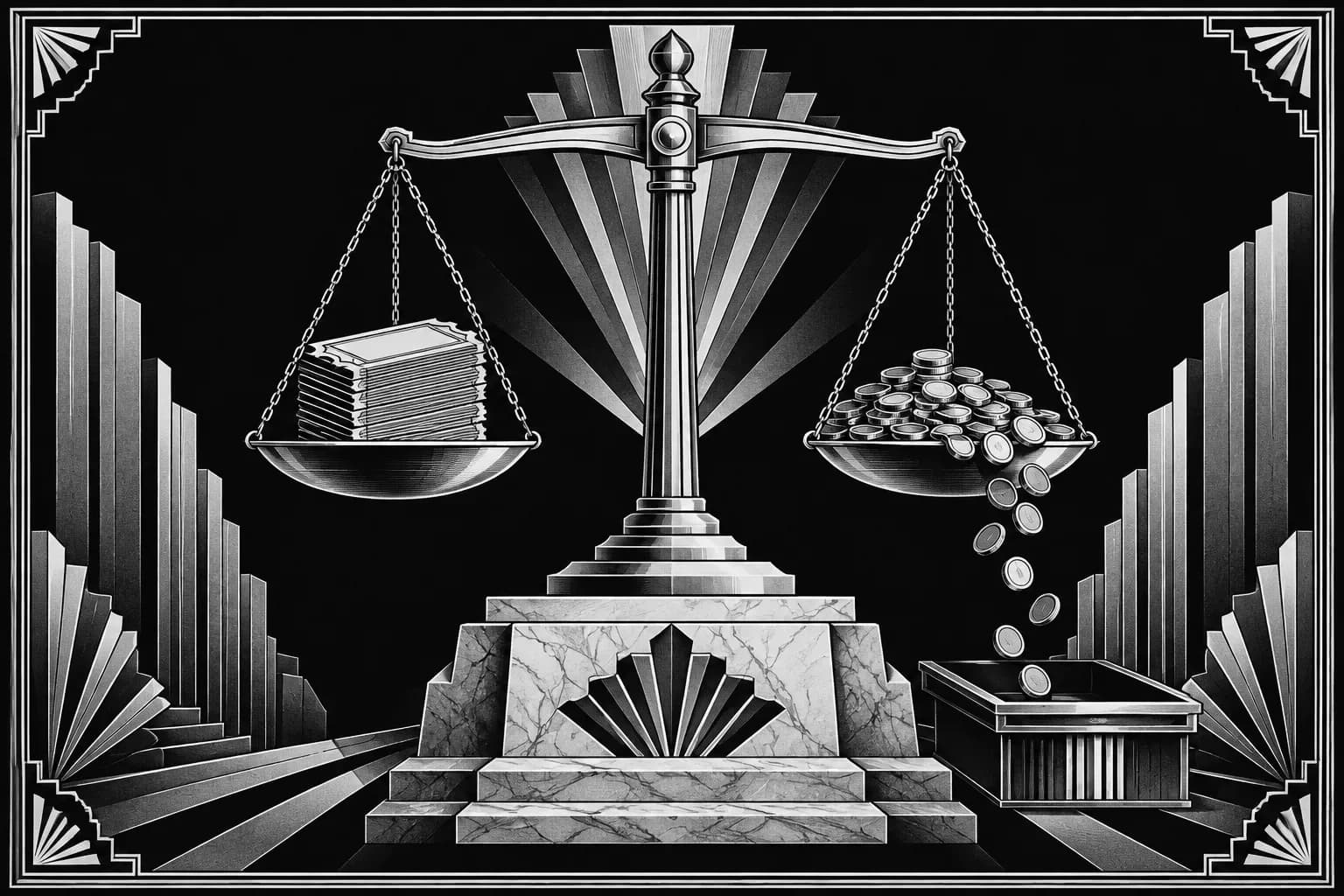 Balance scale weighing lead tickets against a spilling stack of coins.