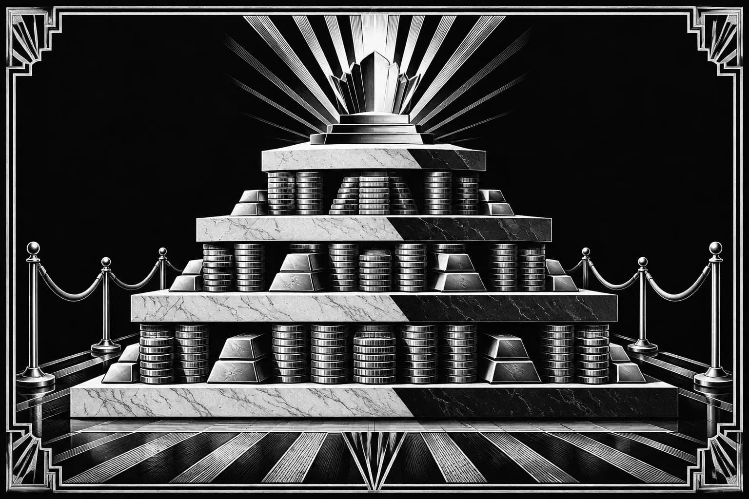 Art Deco stone pyramid platforms propped by coin stacks under sharp geometric shadows