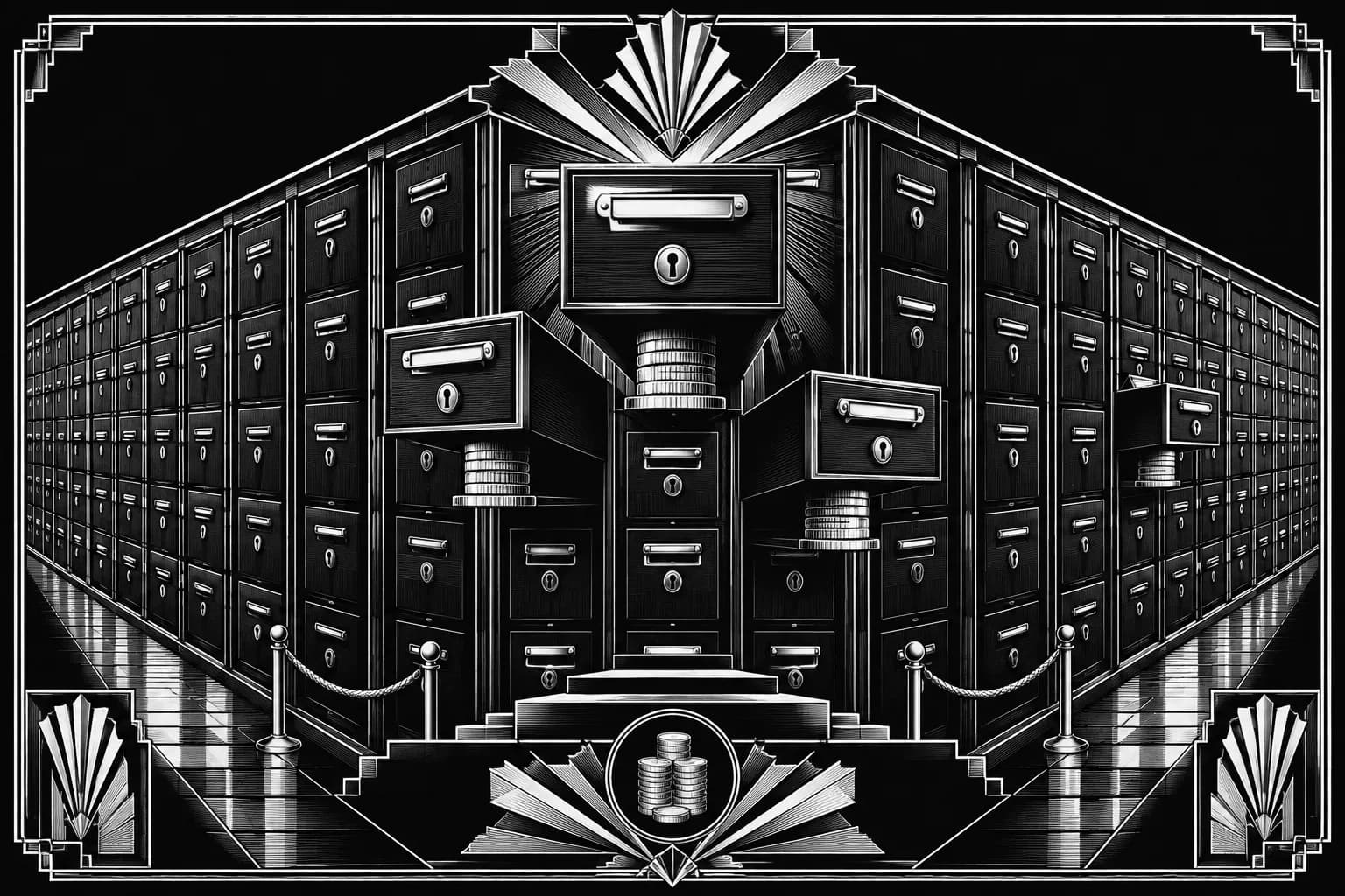 Art Deco wall of drawers with some protruding on coin supports in high contrast