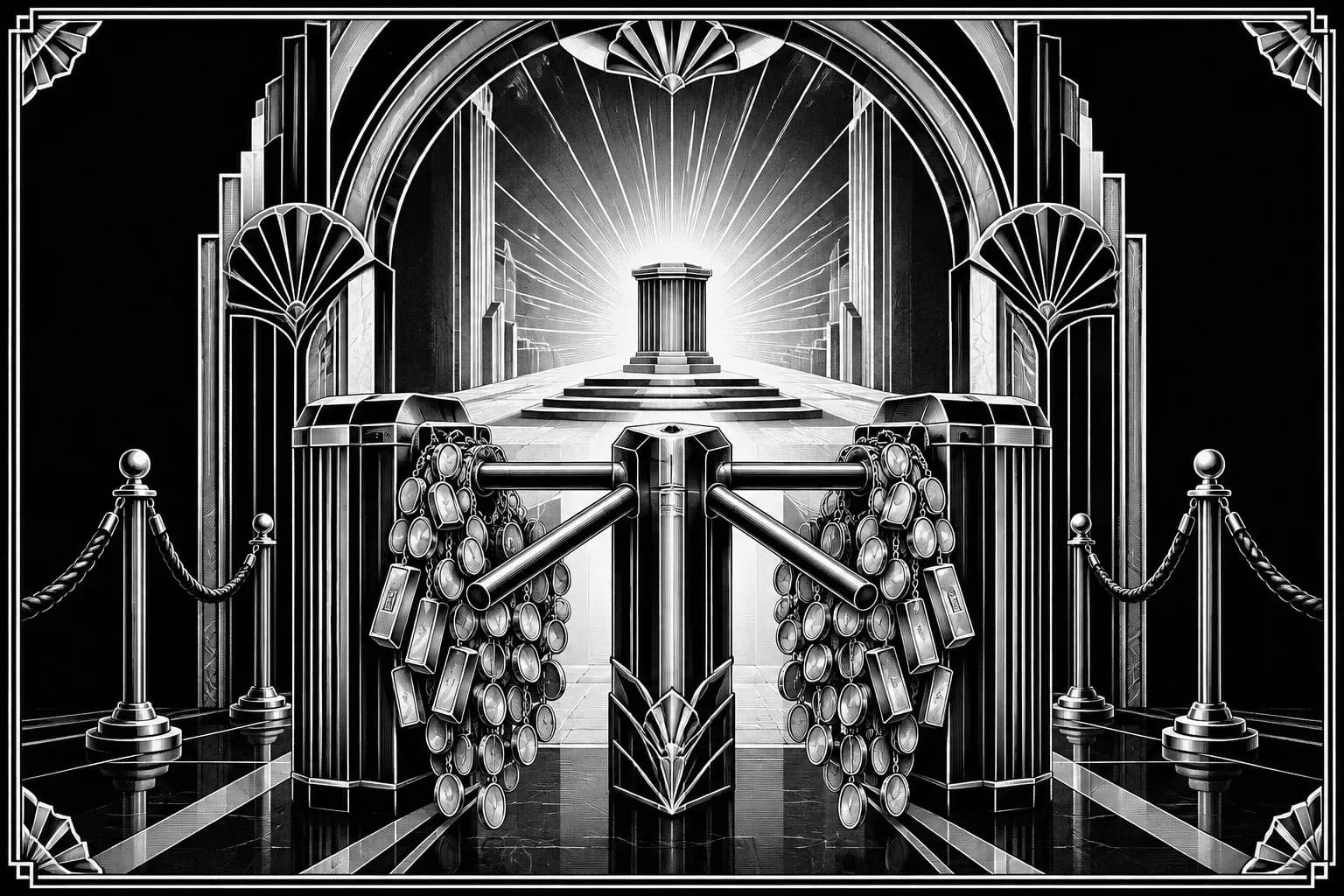 Art Deco archway and coin-weighted turnstile leading to an empty glowing pedestal