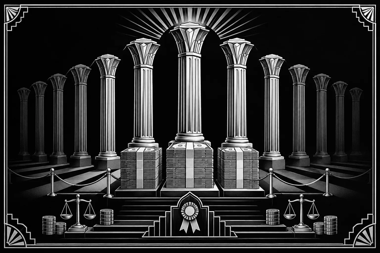 Row of Art Deco columns with front ones raised on currency plinths in angular light
