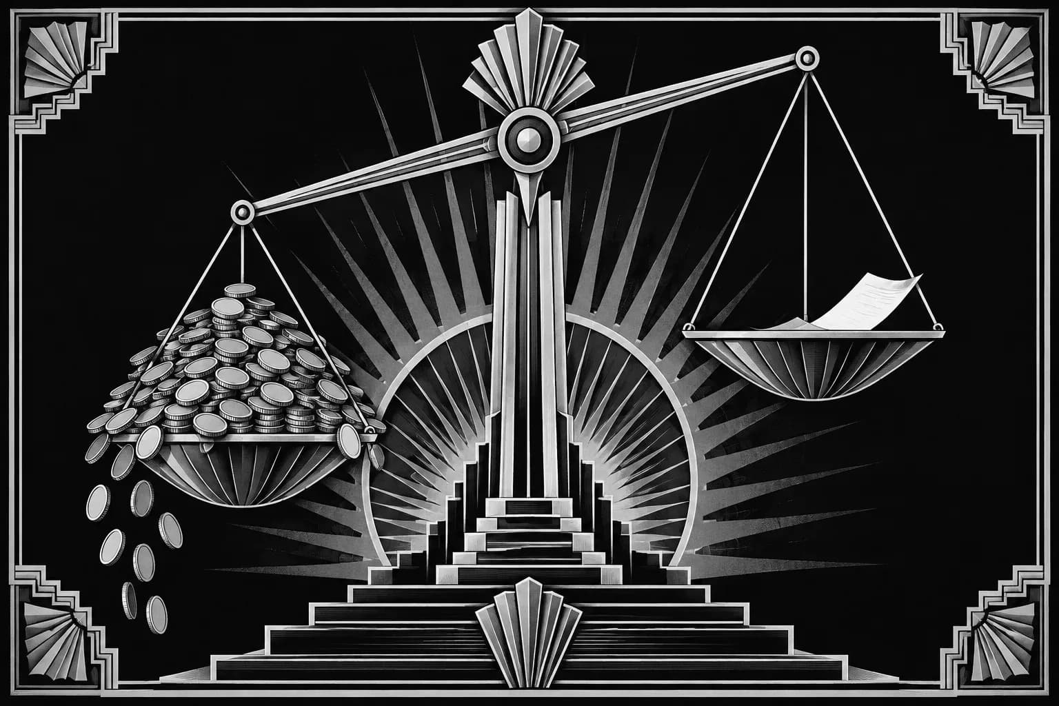 Art Deco balance scale tipped by coins against a light paper sheet