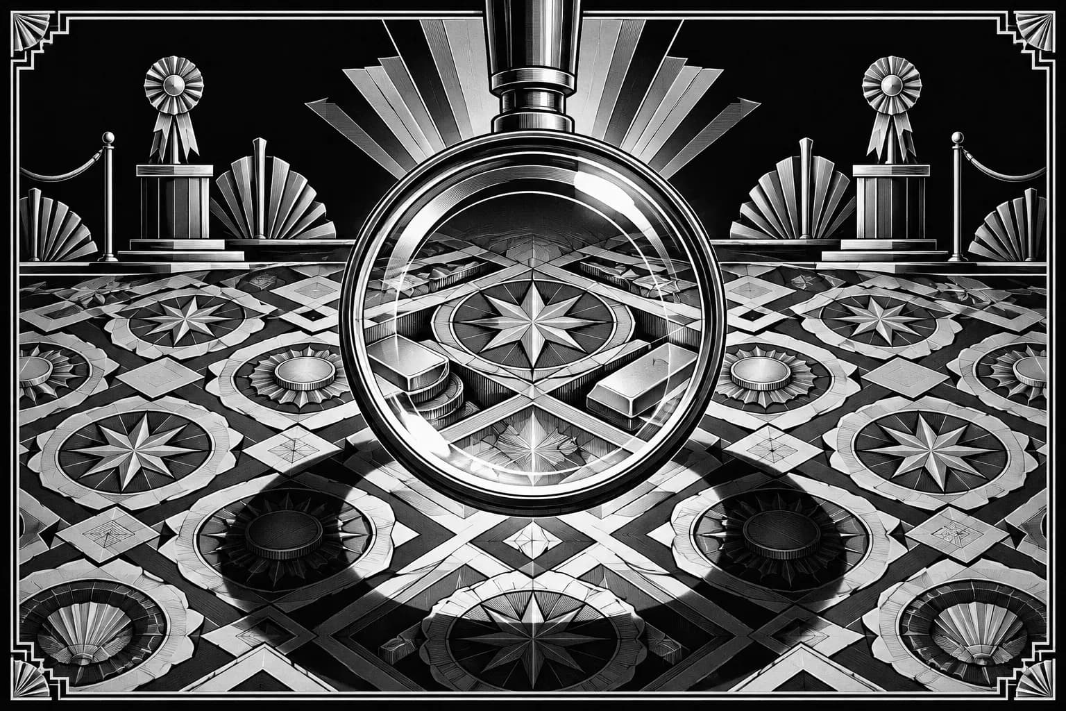 Art Deco magnifying lens revealing coin shapes under geometric seals and stars